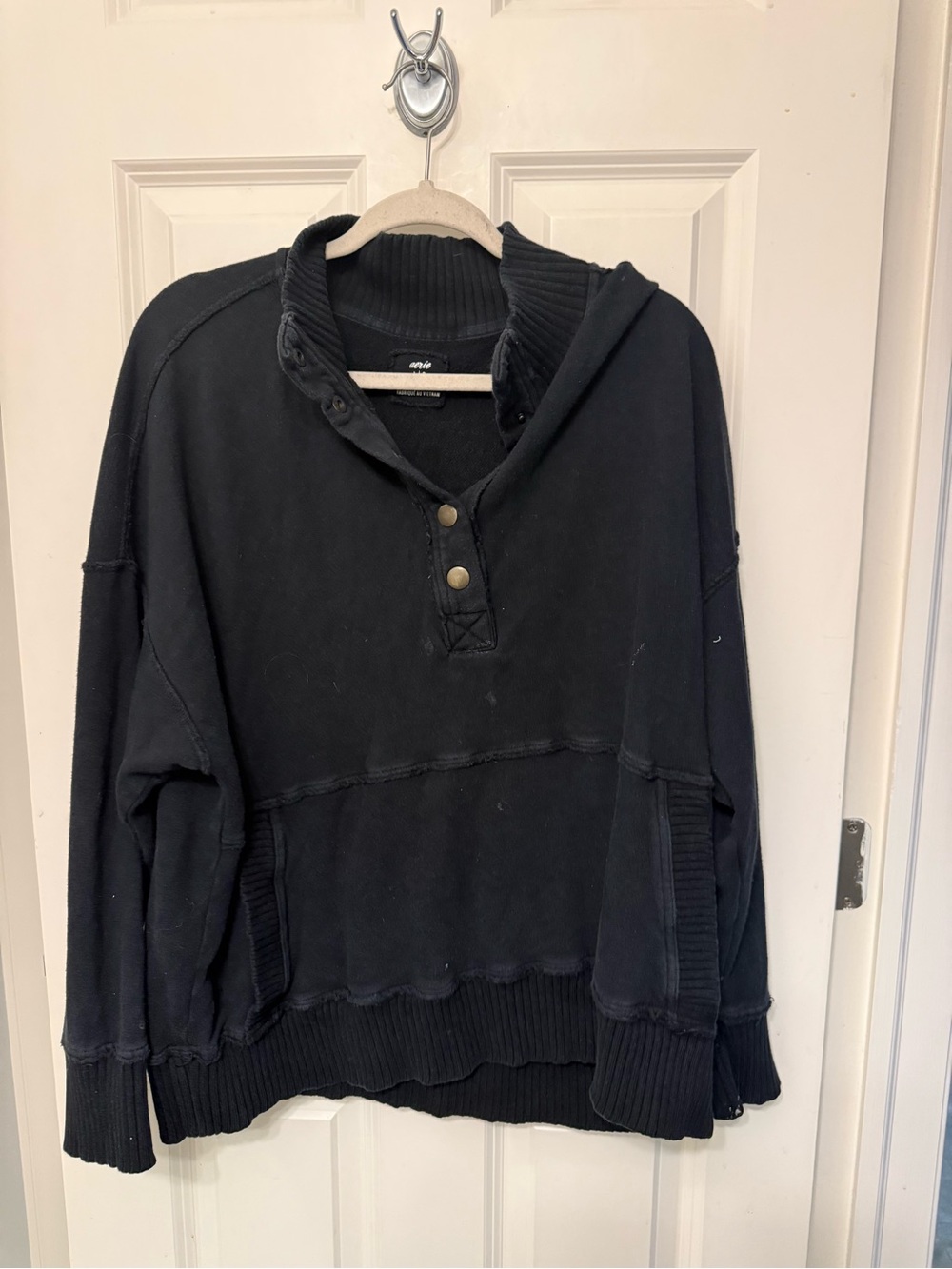 aerie Black Pullover Hoodie with Henley Snap Placket